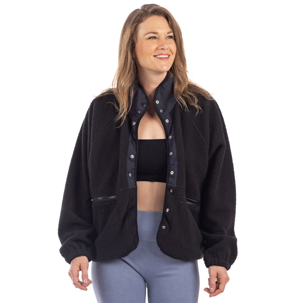 Black Buttoned Slouchy Women's Fleece Jacket