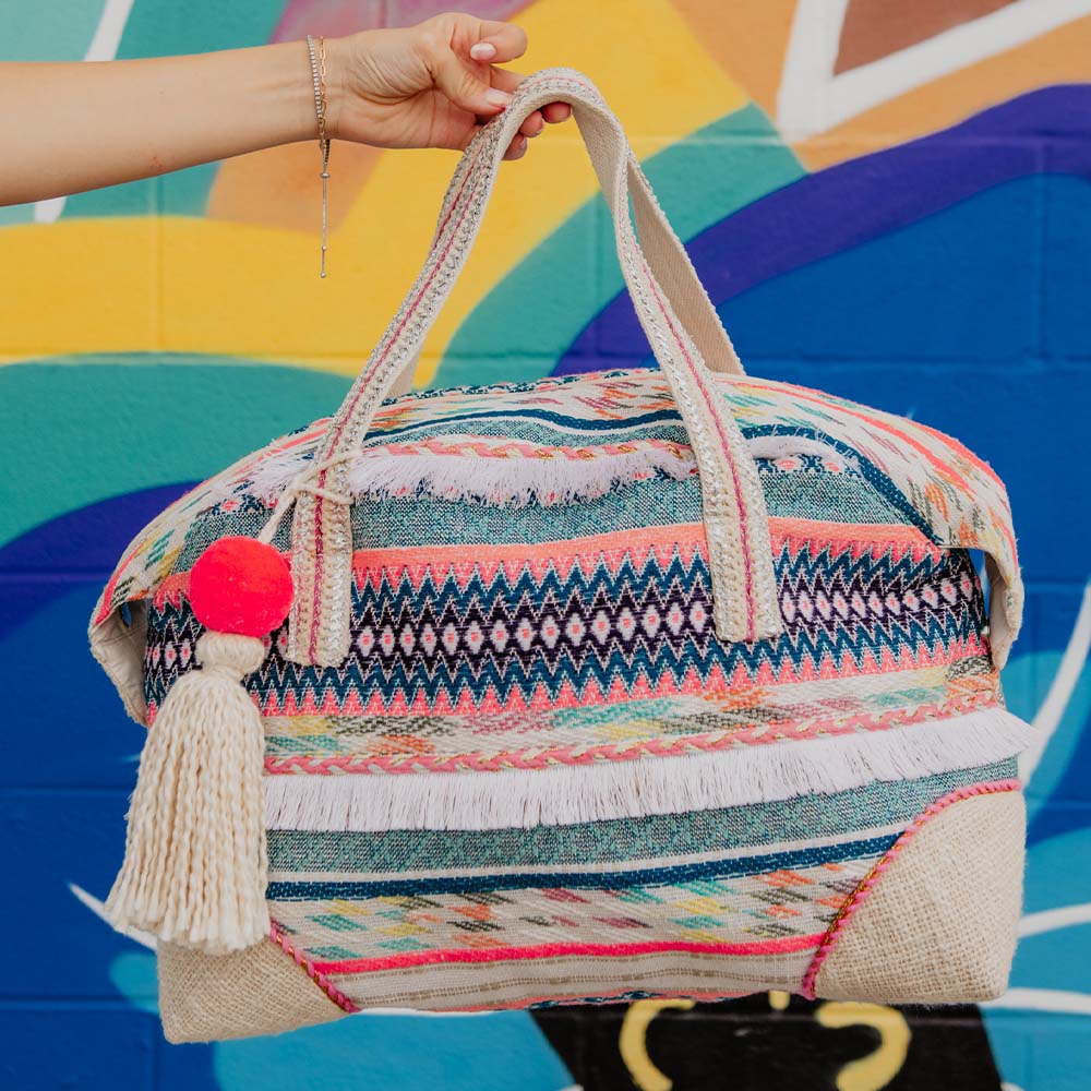 Multicolored Weekender Bag with Frill and Pom Pom Tassel