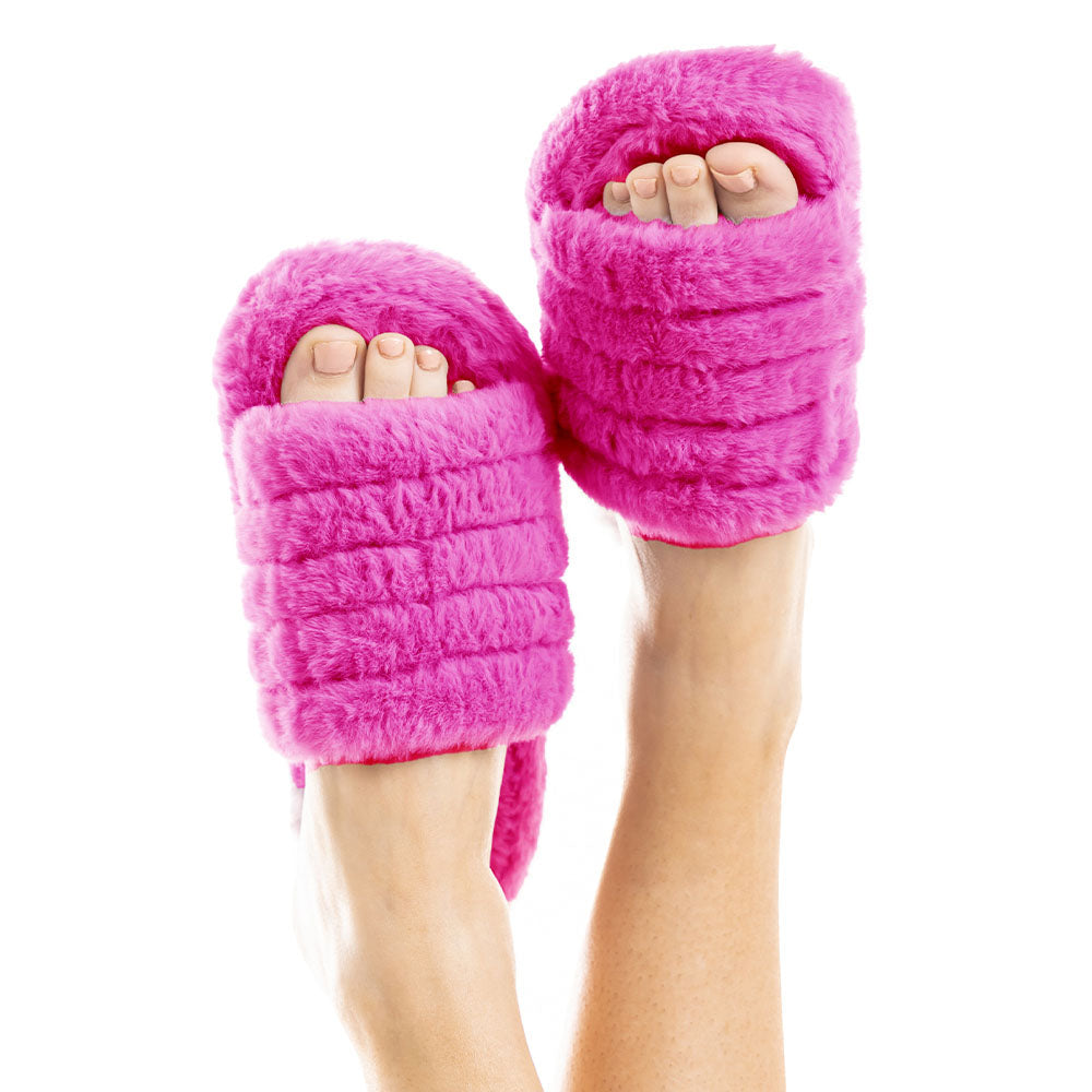 Kahlua Fluffy Printed Detail Flat Slipper In Pink Faux Fur