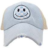 Light Blue Checkered Happy Face Trucker Hat
