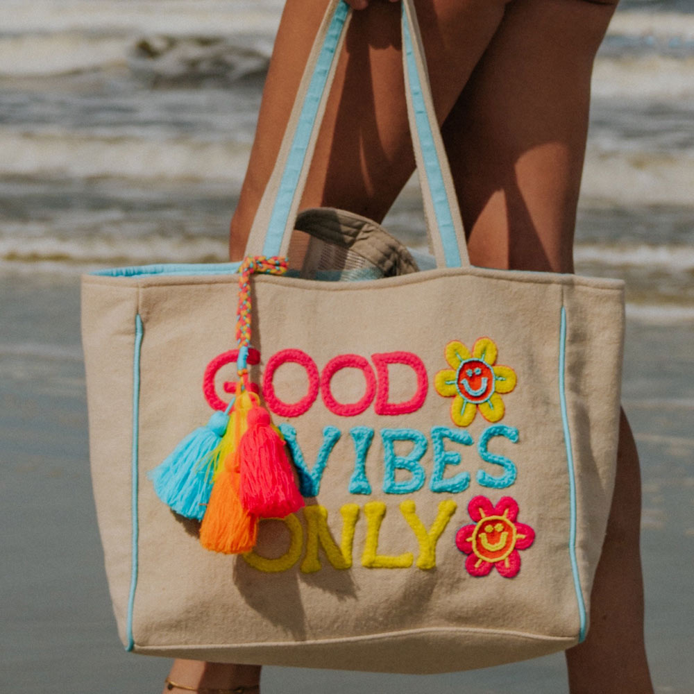 Good Vibes Only Happy Floral Canvas Tote Bag