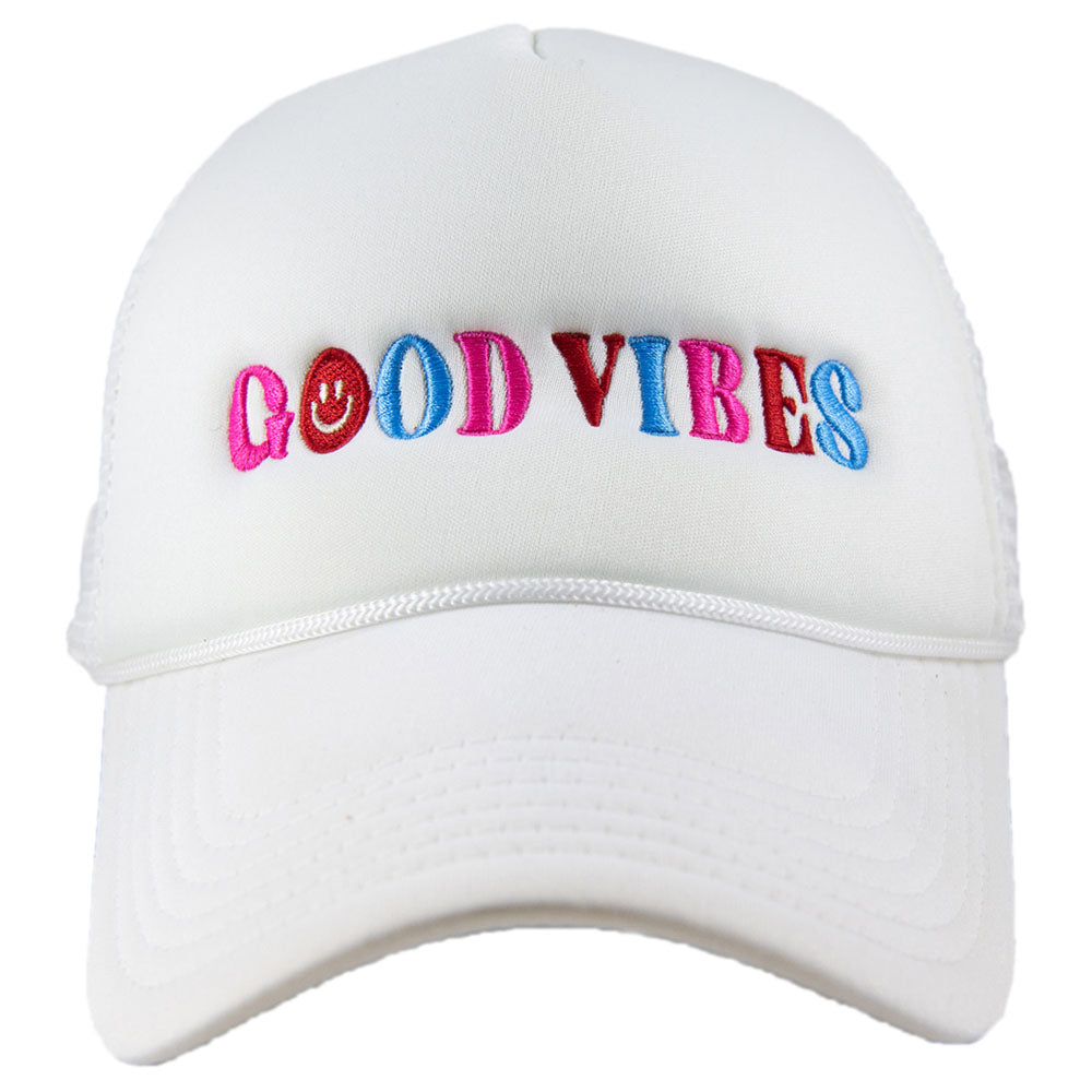 Happy Good Vibes Foam Trucker Hat White