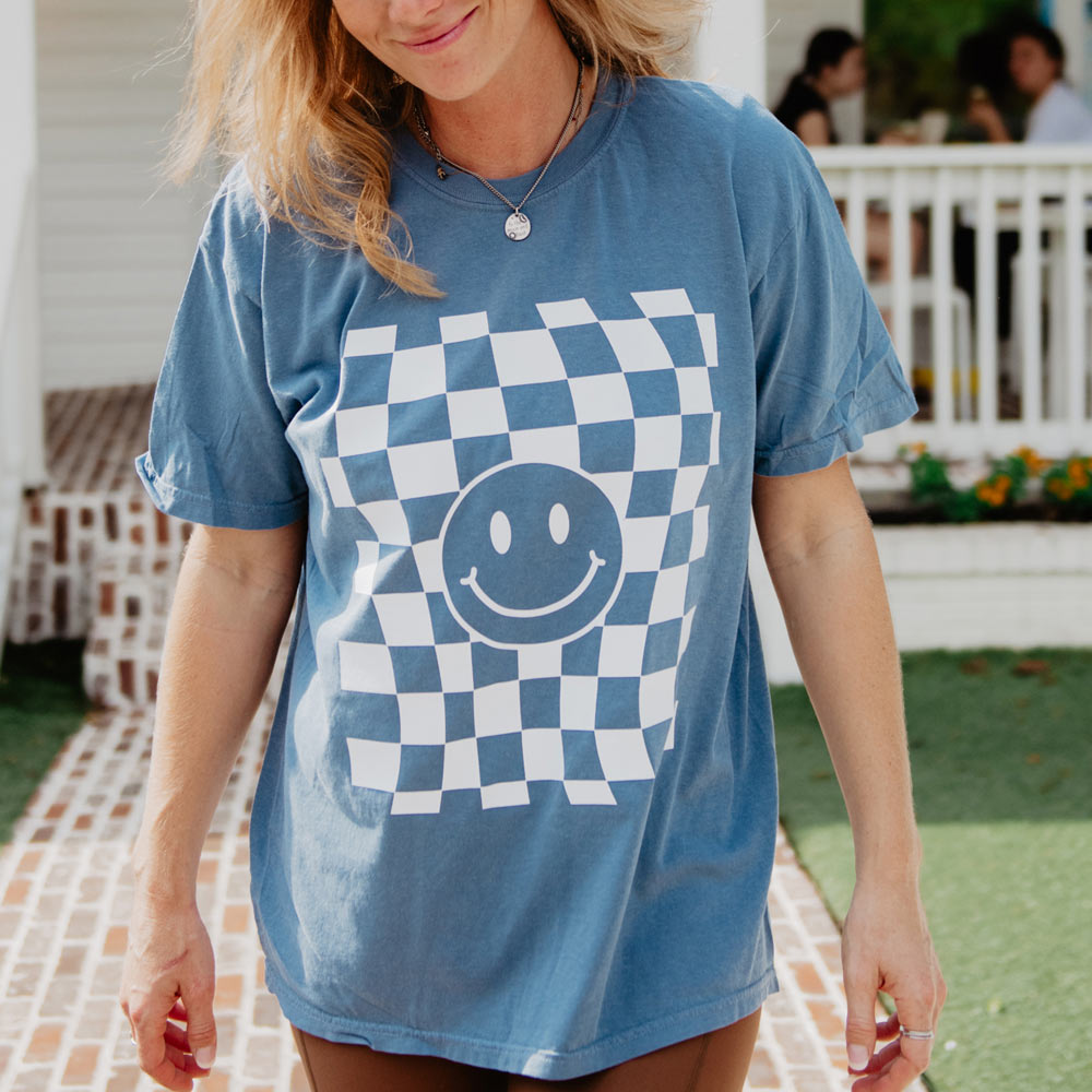 Checkered Pattern Happy Face T-Shirt