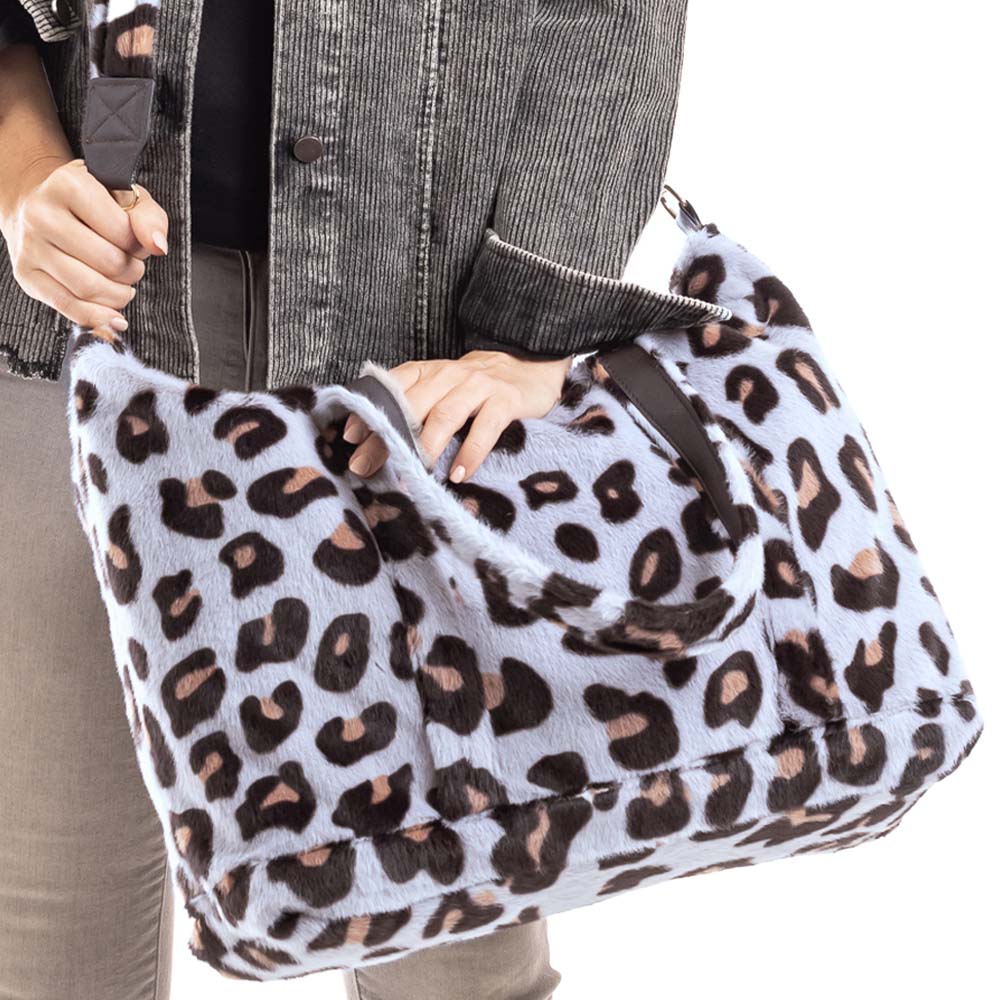 Gray Leopard Faux Fur Women's Tote Bag