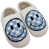Light Blue Checkered Pattern Happy Face Slippers for Women