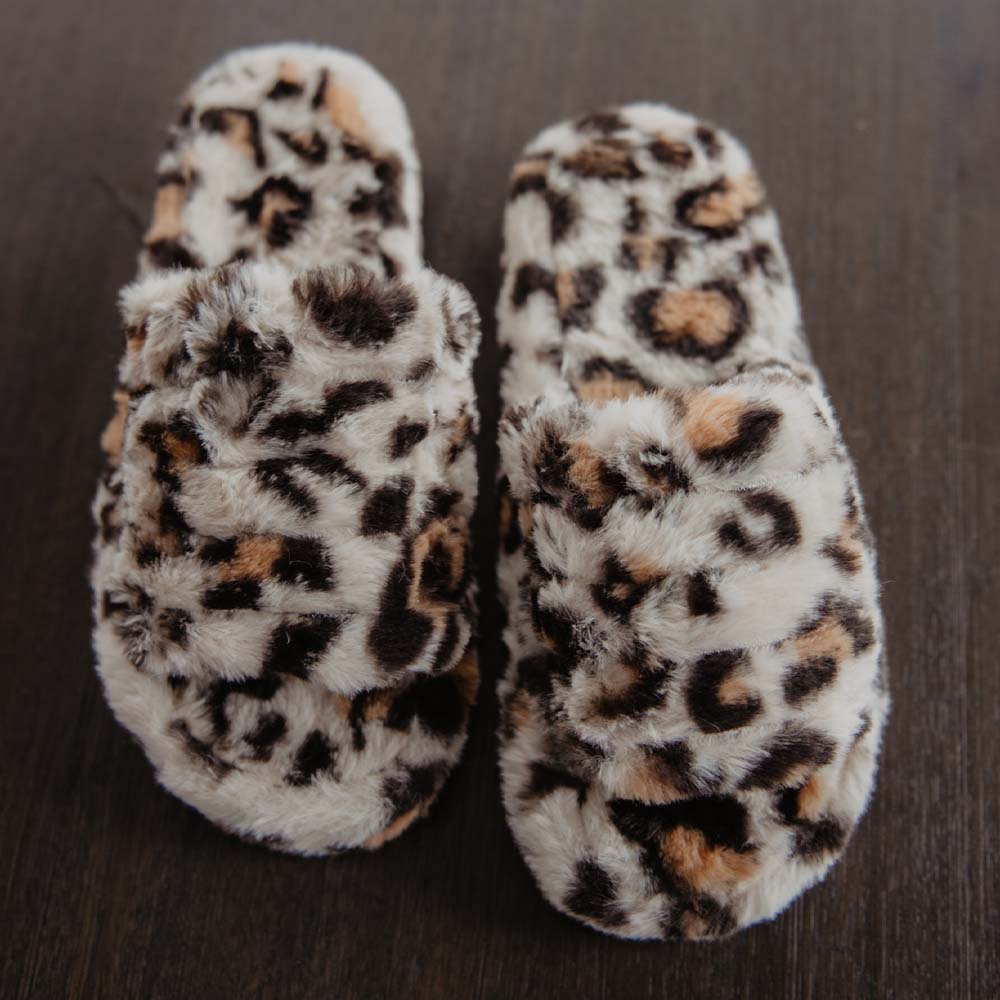 Cream Leopard Faux Fur Slippers for Women