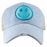 Turquoise Lightning Happy Face Denim Trucker Hat