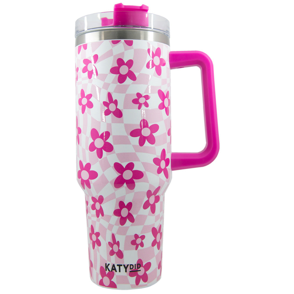 Pink Flower w/ Groovy Checkered Tumbler w/ Handle