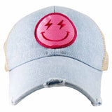 Hot Pink Lightning Happy Face Denim Trucker Hat