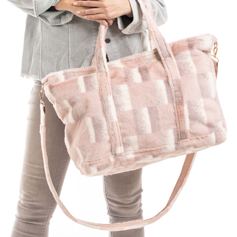 Pink Squares Faux Fur Women's Tote Bag