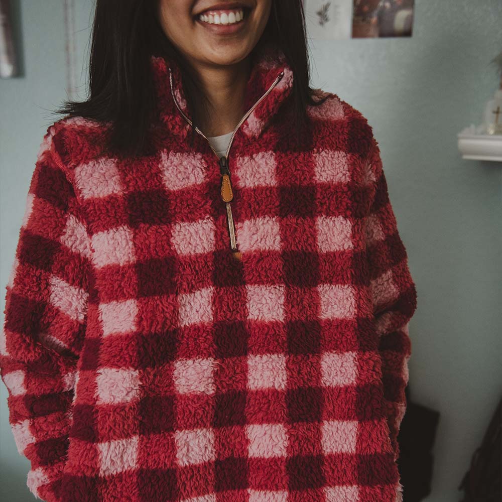Pink and Wine Plaid Sherpa Pullover