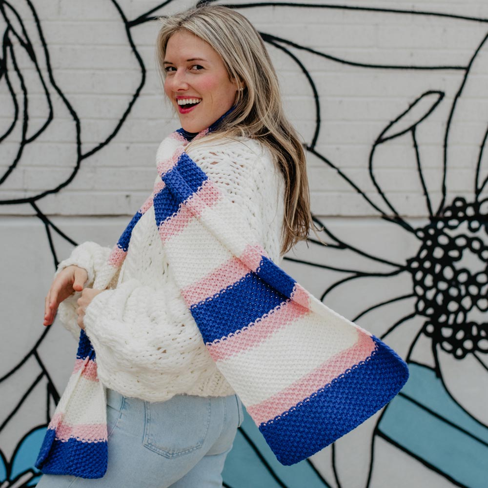 Pink Blue Stripes Crochet Scarf for Women