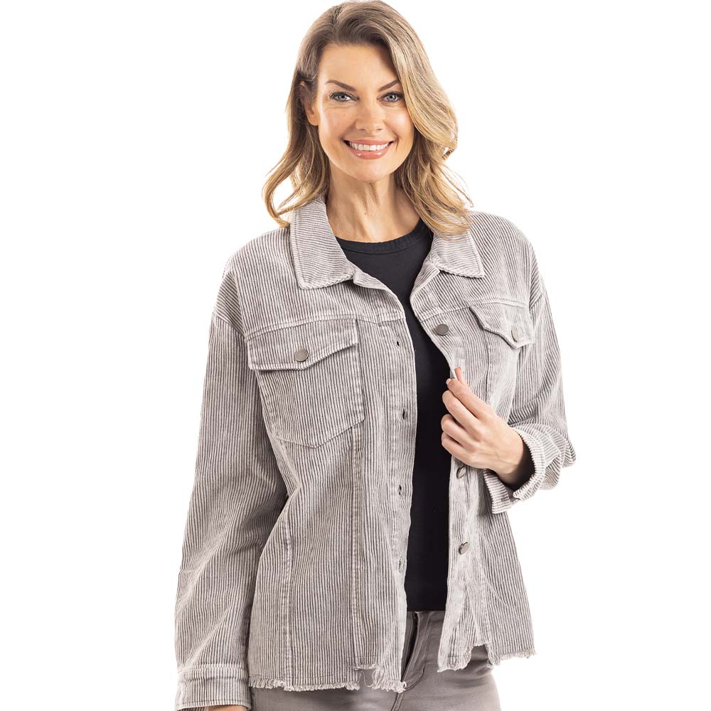 Light Gray Corduroy Distressed Shacket for Women