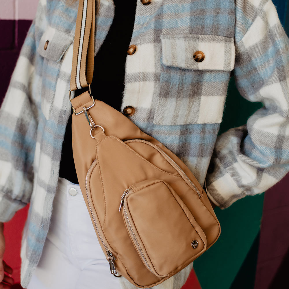 Tan Crossbody SLING BAG with Striped Strap