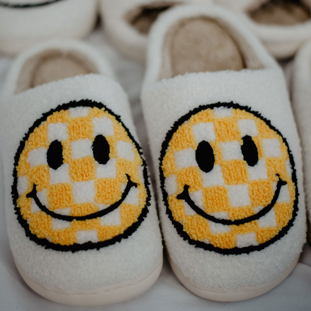 Yellow Checkered Happy Face Slippers