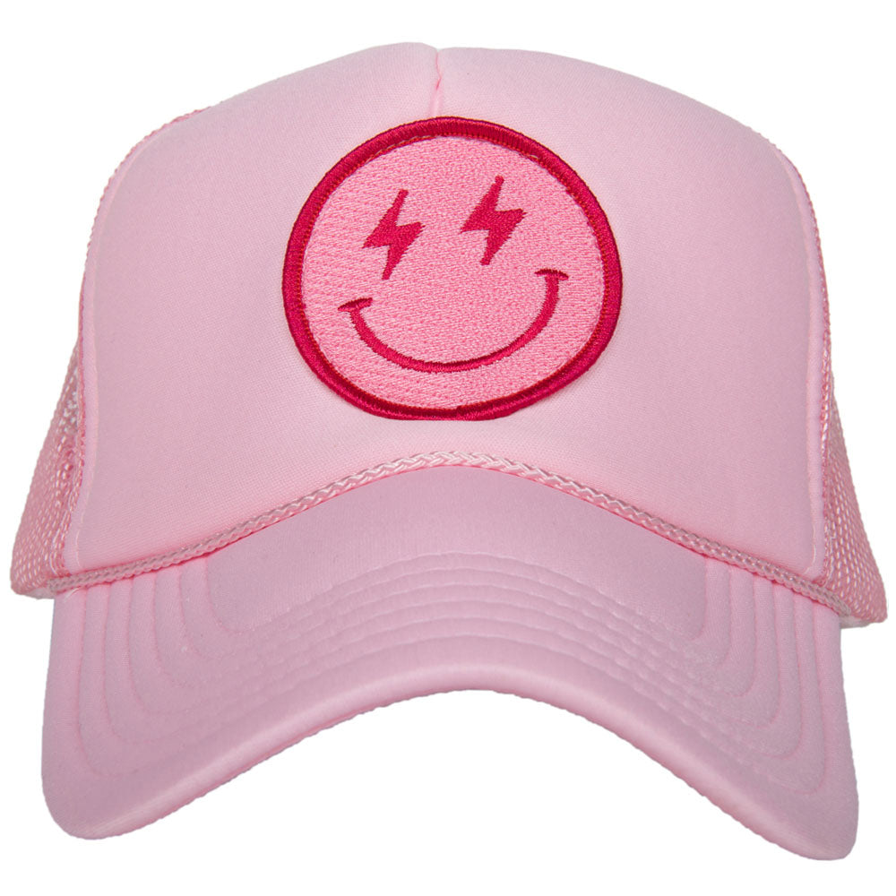 Hot Pink Lightning Smiley Face Foam Trucker Hat (Light Pink)