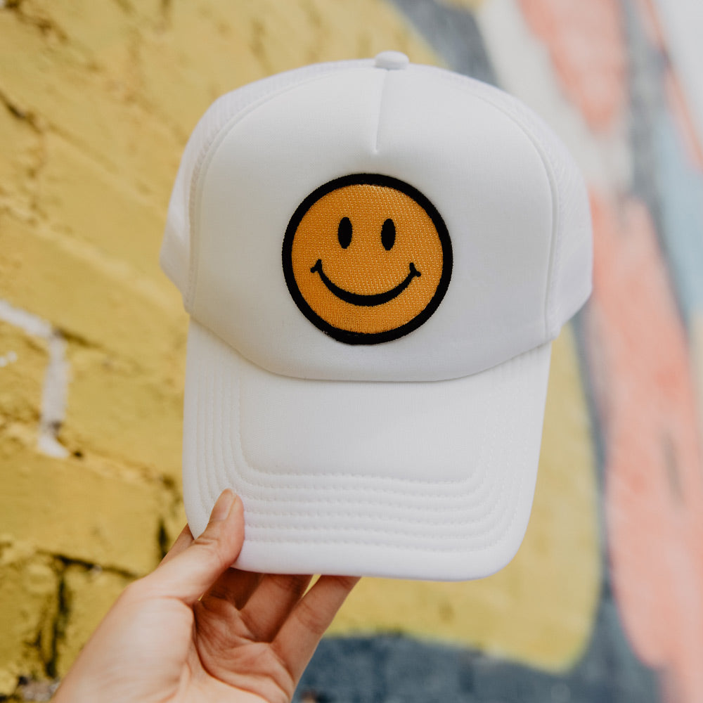 Happy Face Trucker Hat (All White)