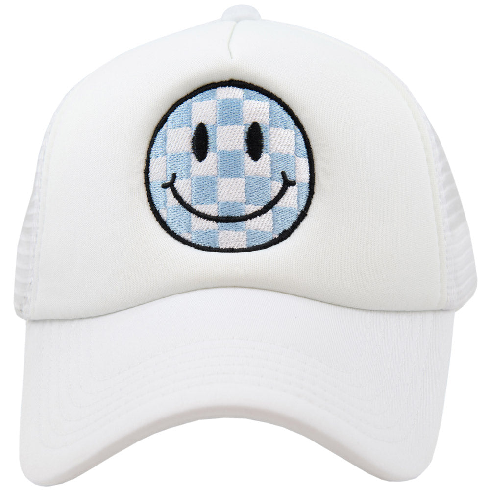 Light Blue Checkered Happy Face Foam Trucker Hat