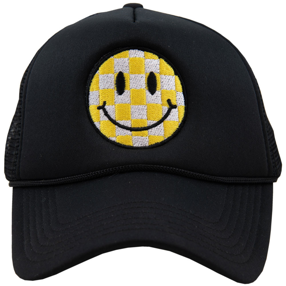 Yellow Checkered Happy Face Foam Trucker Hat