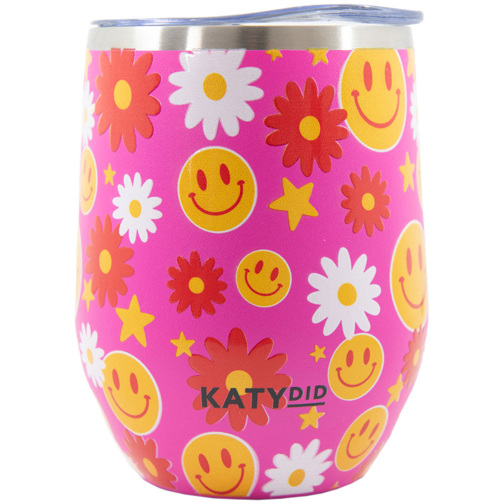 Red Flower Happy Face Stemless WINE TUMBLER Cup