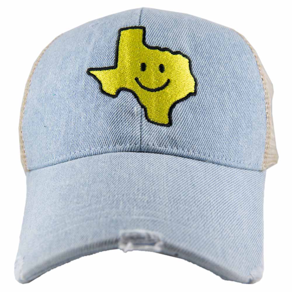 Texas Shaped Happy Face Denim Trucker Hat