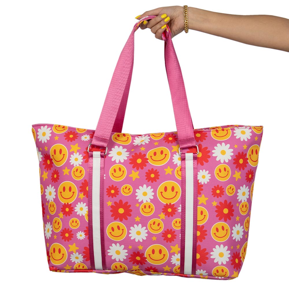 Red Flower Happy Face Tote Bag