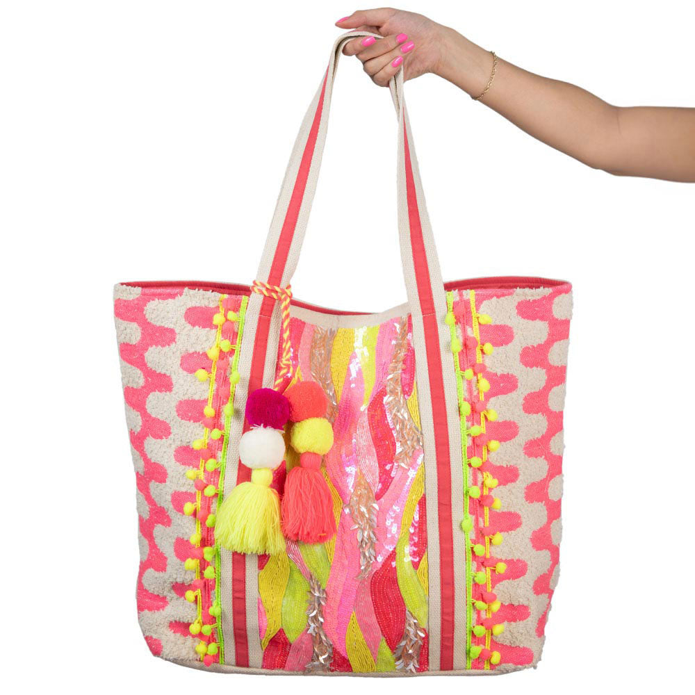 Pink/Yellow/Champagne Sequin & Beaded Canvas Tote Bag