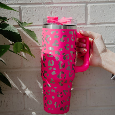 40 oz Hot Pink Katydid Large Stainless Tumbler with straw