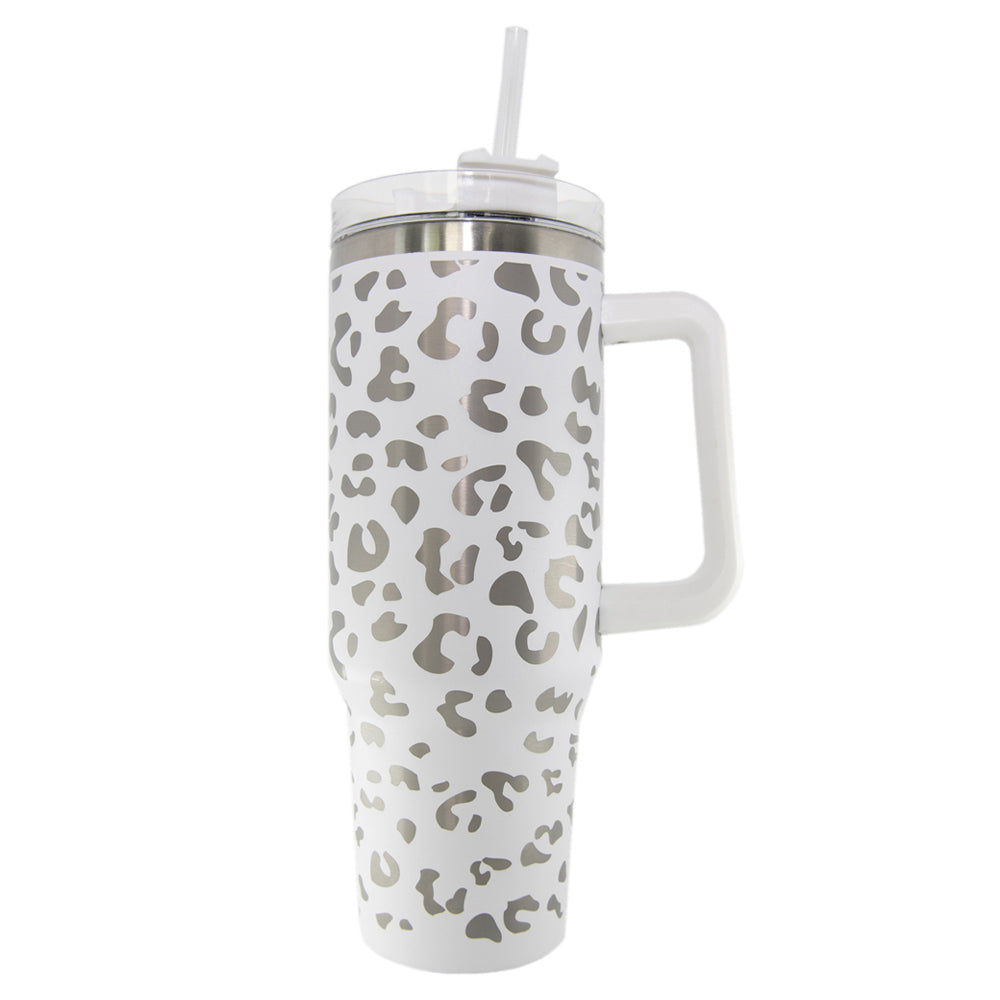 40 oz Stainless Steel Tumbler with handle Eucalyptus Leopard