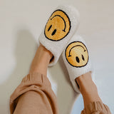 White Fuzzy Happy Face Slippers