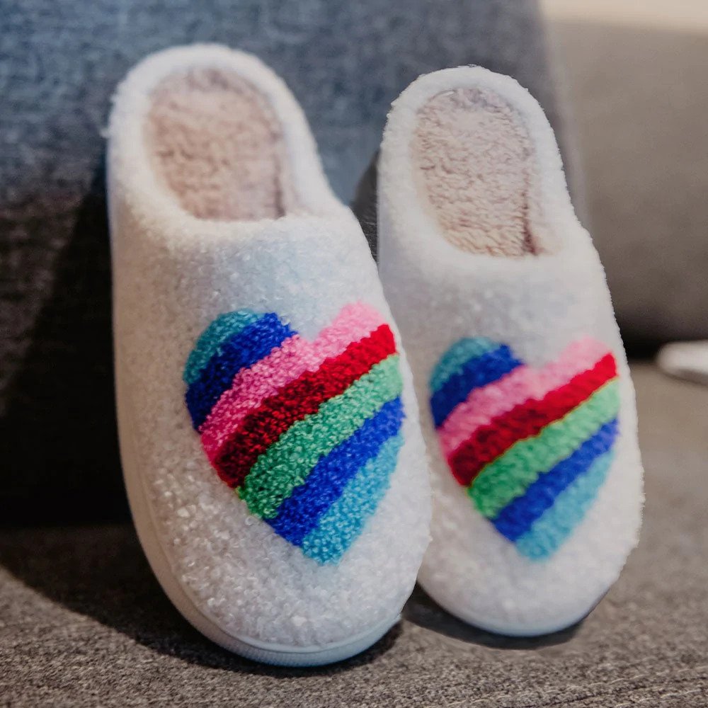 rainbow-colored heart slippers