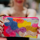 Multicolored Aztec Sequin and Beaded Wristlet w/ Leather Strap
