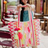 Pink/Yellow/Champagne Sequin & Beaded Canvas Tote Bag